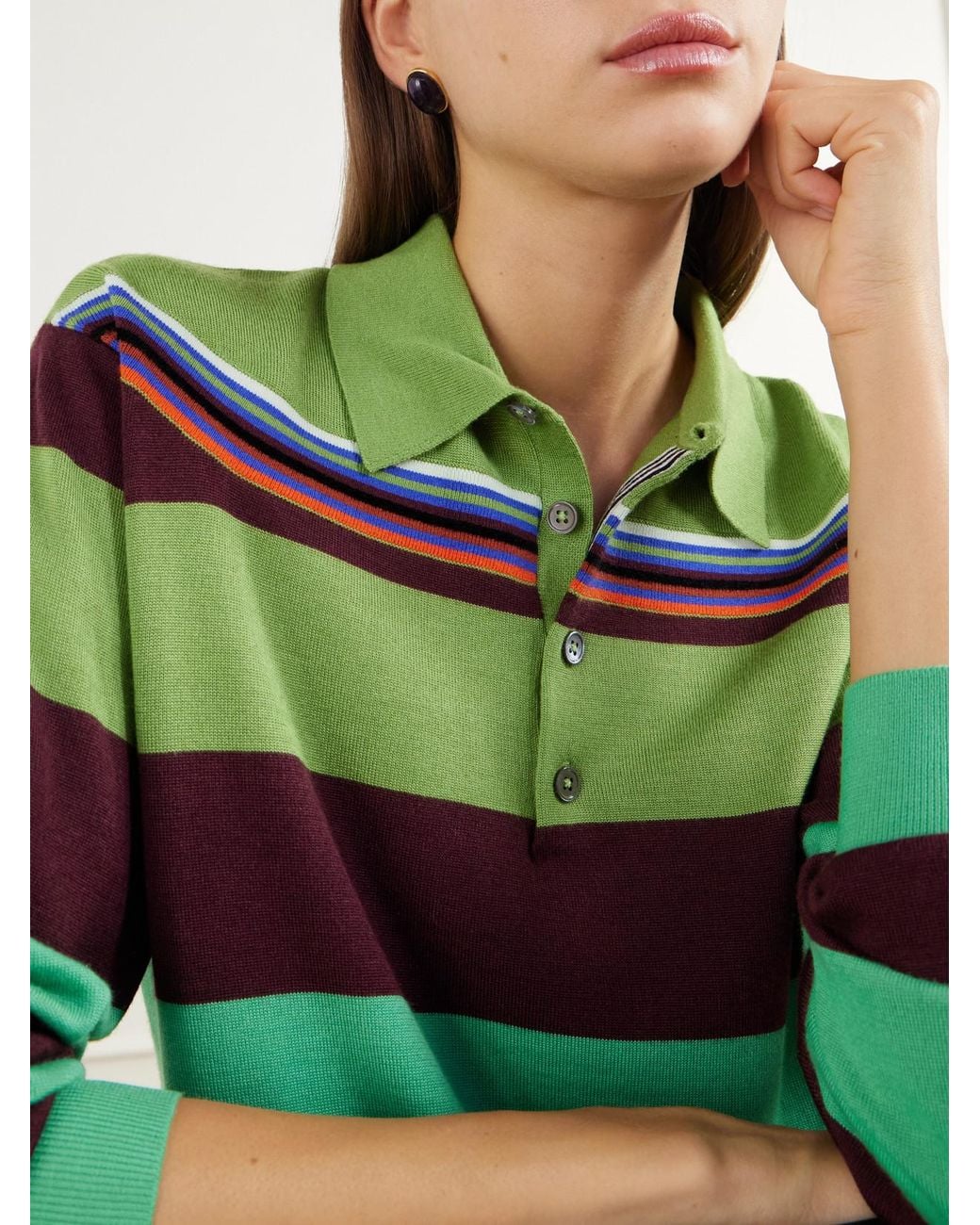 Christopher John Rogers Green Striped Wool And Silk Blend Polo Shirt