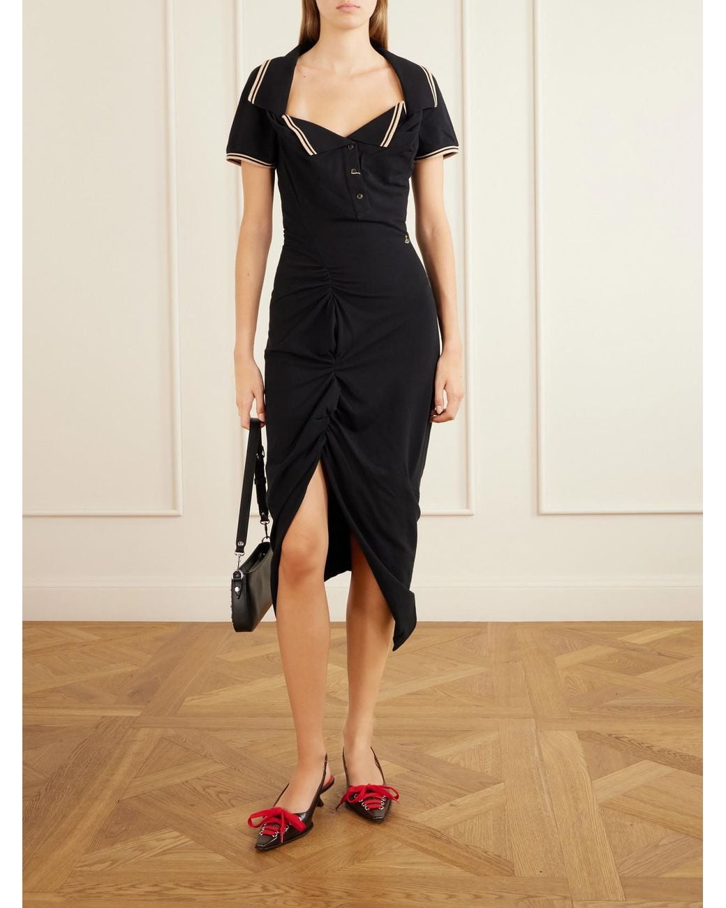 Vivienne Westwood Black Long Monday Pulling Ruched Cotton-Piquet Midi Dress