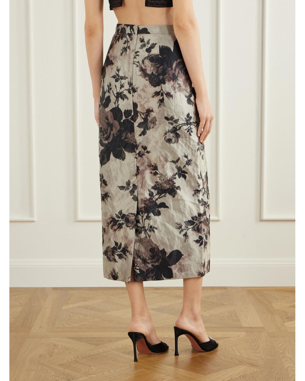 Erdem Gray Floral-Print Crinkle Satin Midi Skirt