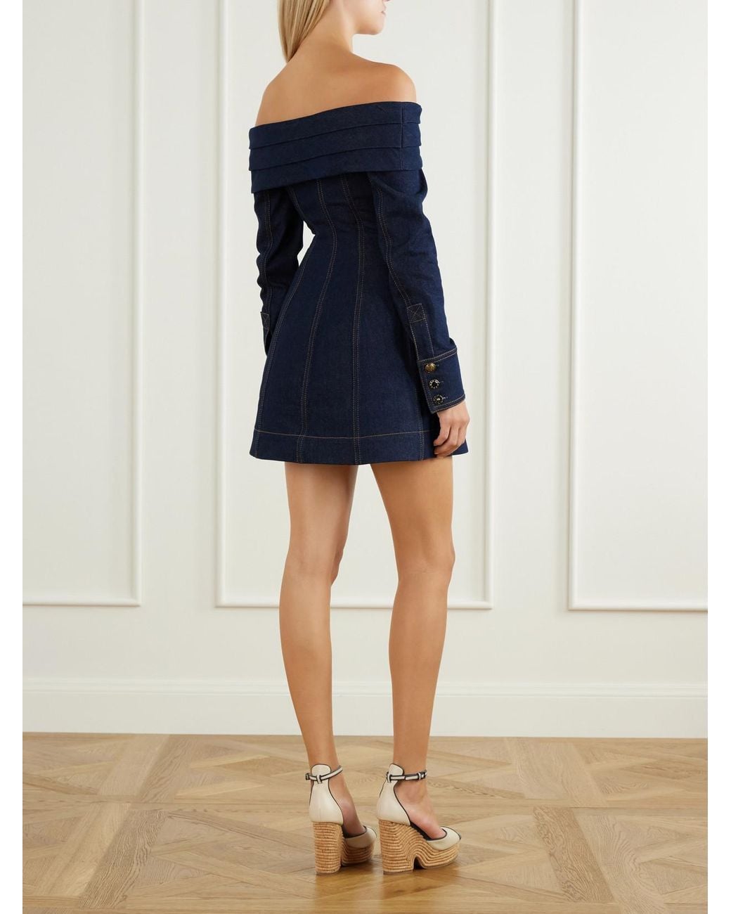 Zimmermann Blue Clash Off-The-Shoulder Pleated Denim Mini Dress