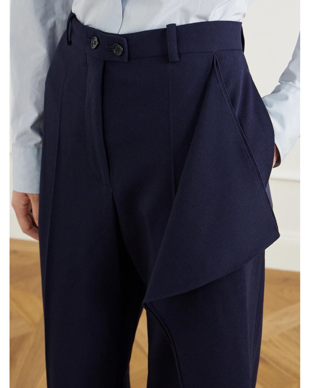 Jil Sander Blue Draped Wool-Sablé Wide-Leg Pants