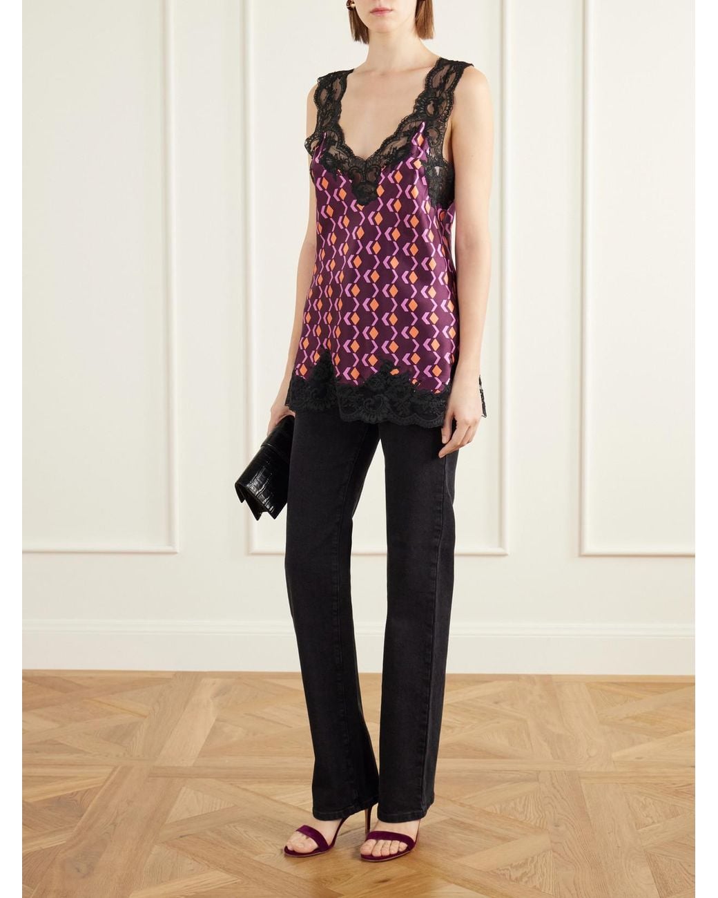Rabanne Red Printed Lace-Trimmed Silk-Satin Cami