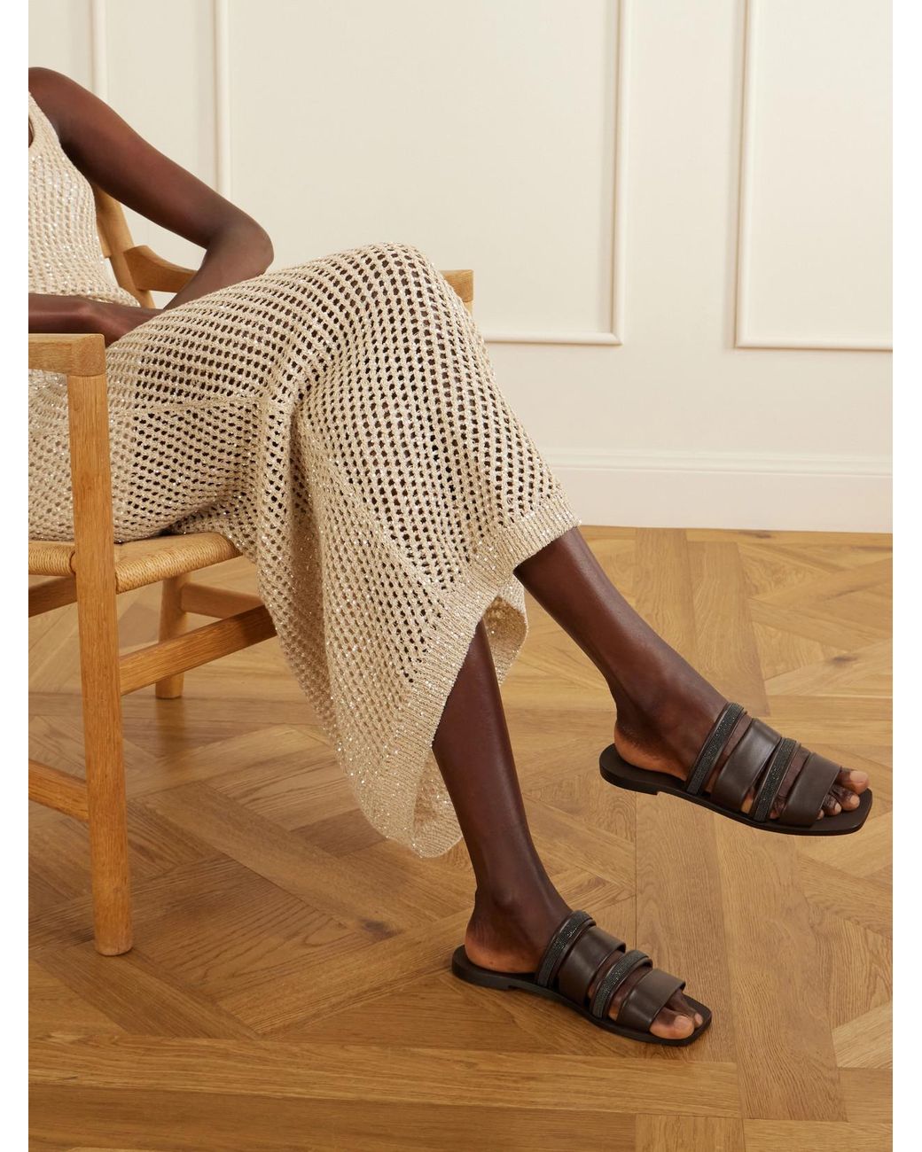 Brunello Cucinelli Brown Embellished Leather Sandals