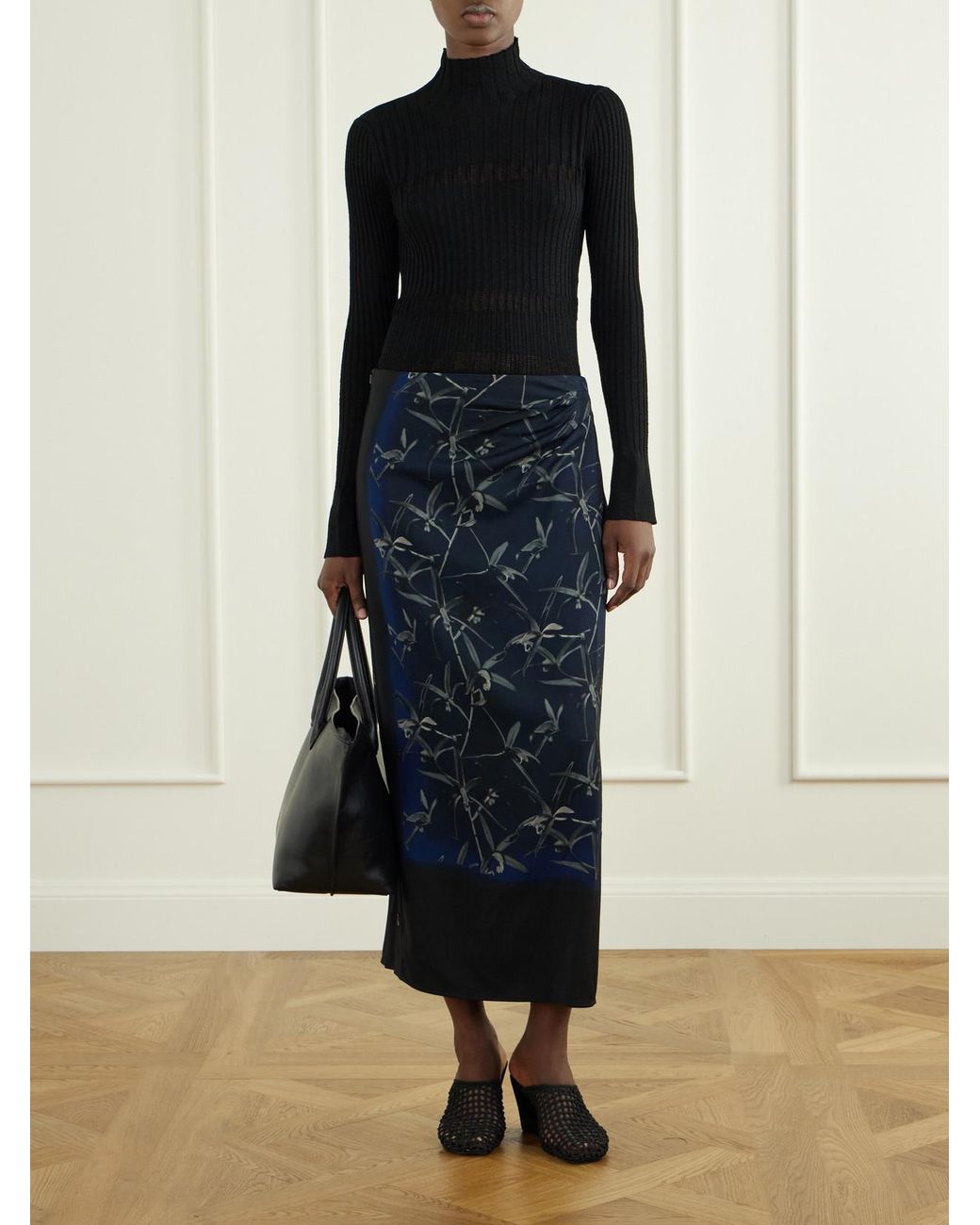 Proenza Schouler Blue Anais Floral-Print Button-Detailed Gathered Stretch-Cady Skirt