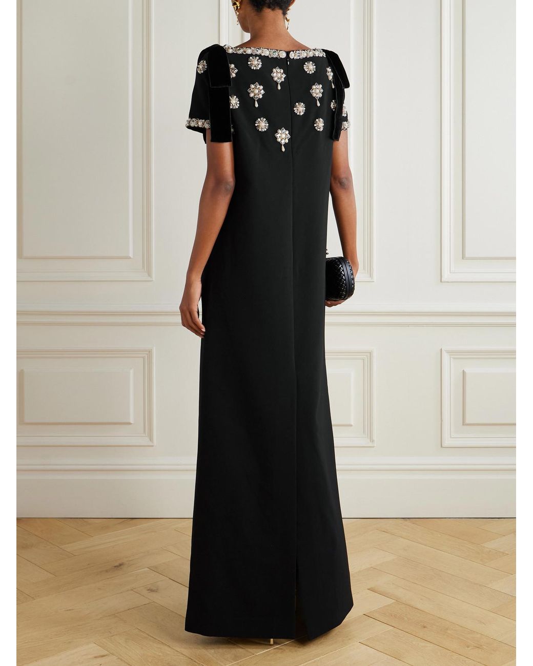 Carolina Herrera Black Embellished Velvet-Trimmed Crepe Gown