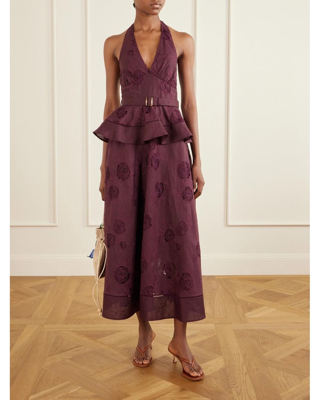 Self-Portrait Purple Belted Broderie Anglaise-Trimmed Linen And Cotton-Blend Peplum Midi Dress