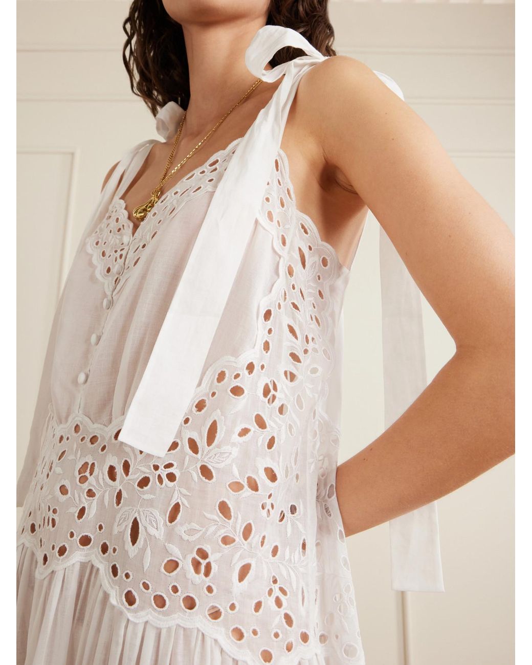 Chloé White Bow-Detailed Tiered Broderie Anglaise Cotton Maxi Dress