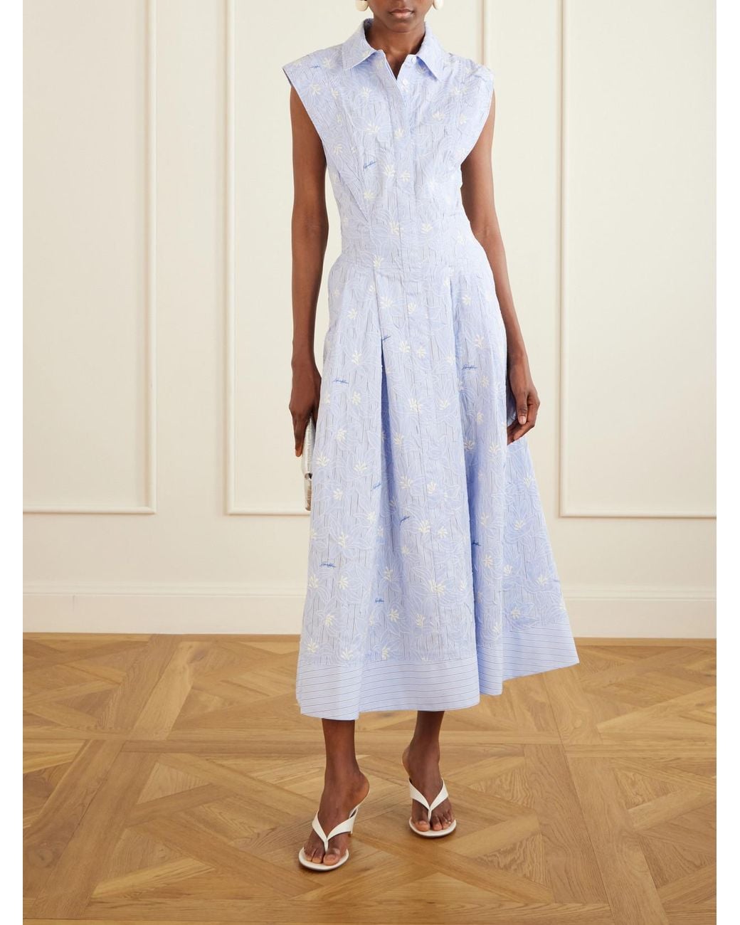 Jonathan Simkhai Blue Neri Embroidered Striped Cotton-Poplin Midi Dress