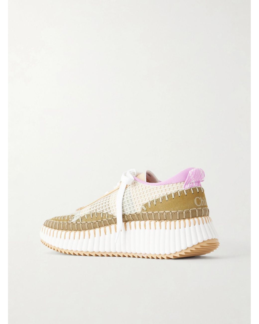 Chloé Natural Nama Embroidered Suede And Recycled-Mesh Sneakers