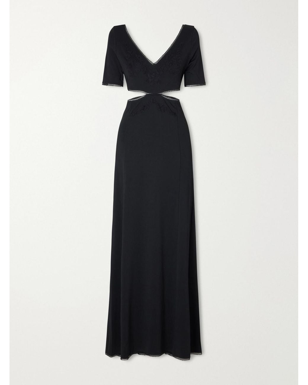 Rabanne Black Cut-Out Lace-Trimmed Crepe-Satin Maxi Dress