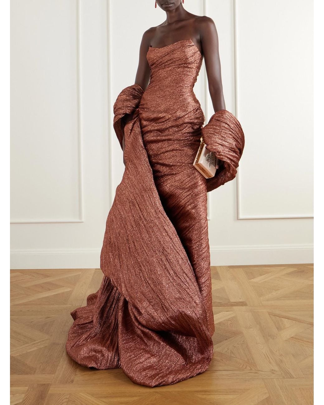 Marmar Halim Metallic Strapless Draped Brocade Wrap Gown