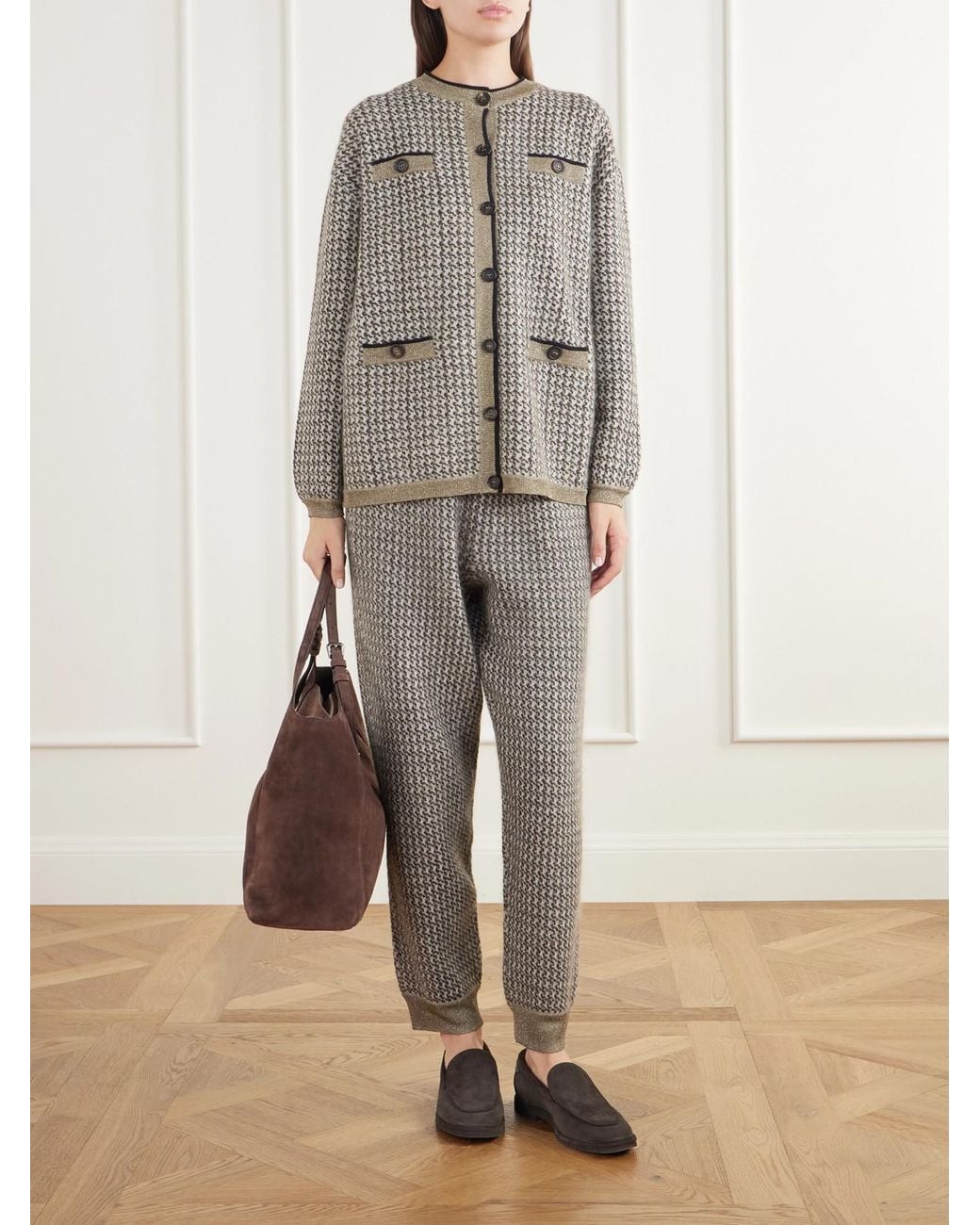 Brunello Cucinelli Gray Rib-Trimmed Houndstooth Knitted Cardigan