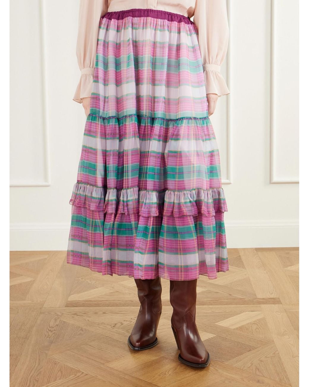 Chloé White Drawstring Ruffled Checked Silk-Mousseline Maxi Skirt