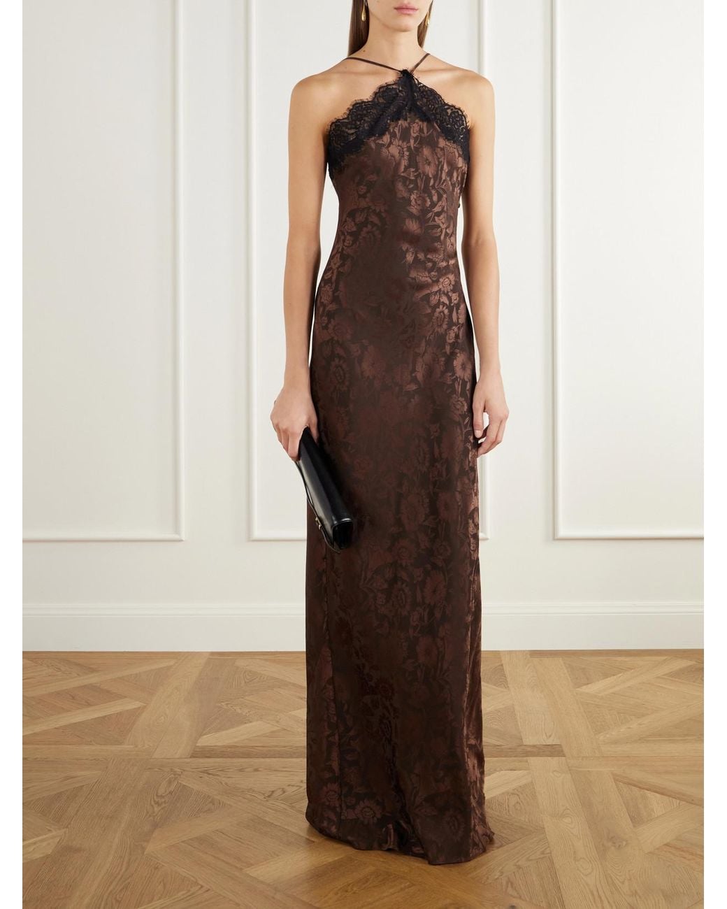 Veronica Beard Brown Rue Lace-Trimmed Floral-Jacquard Silk-Blend Satin Gown