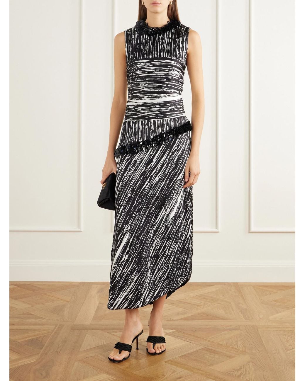 Brandon Maxwell White Fiora Sequin-Embellished Pleated Printed Satin-Jacquard Midi Dress