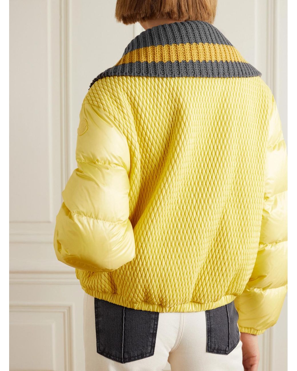 Moncler Yellow Apront Cropped Quilted Shell Down Bomber Jacket