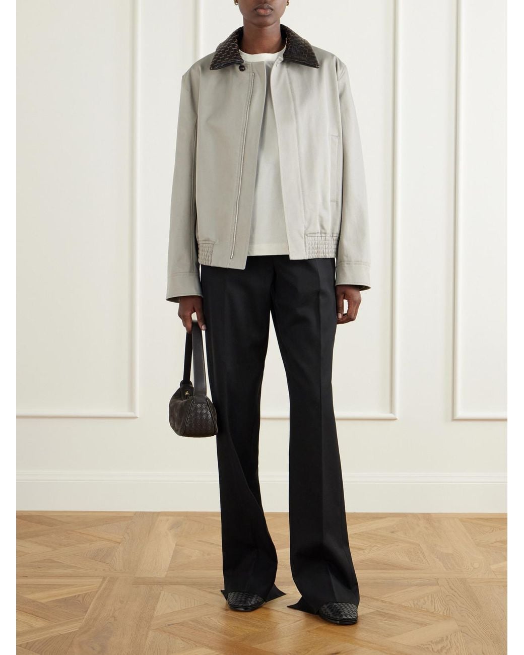 Bottega Veneta Gray Intrecciato Leather-Trimmed Cotton Jacket