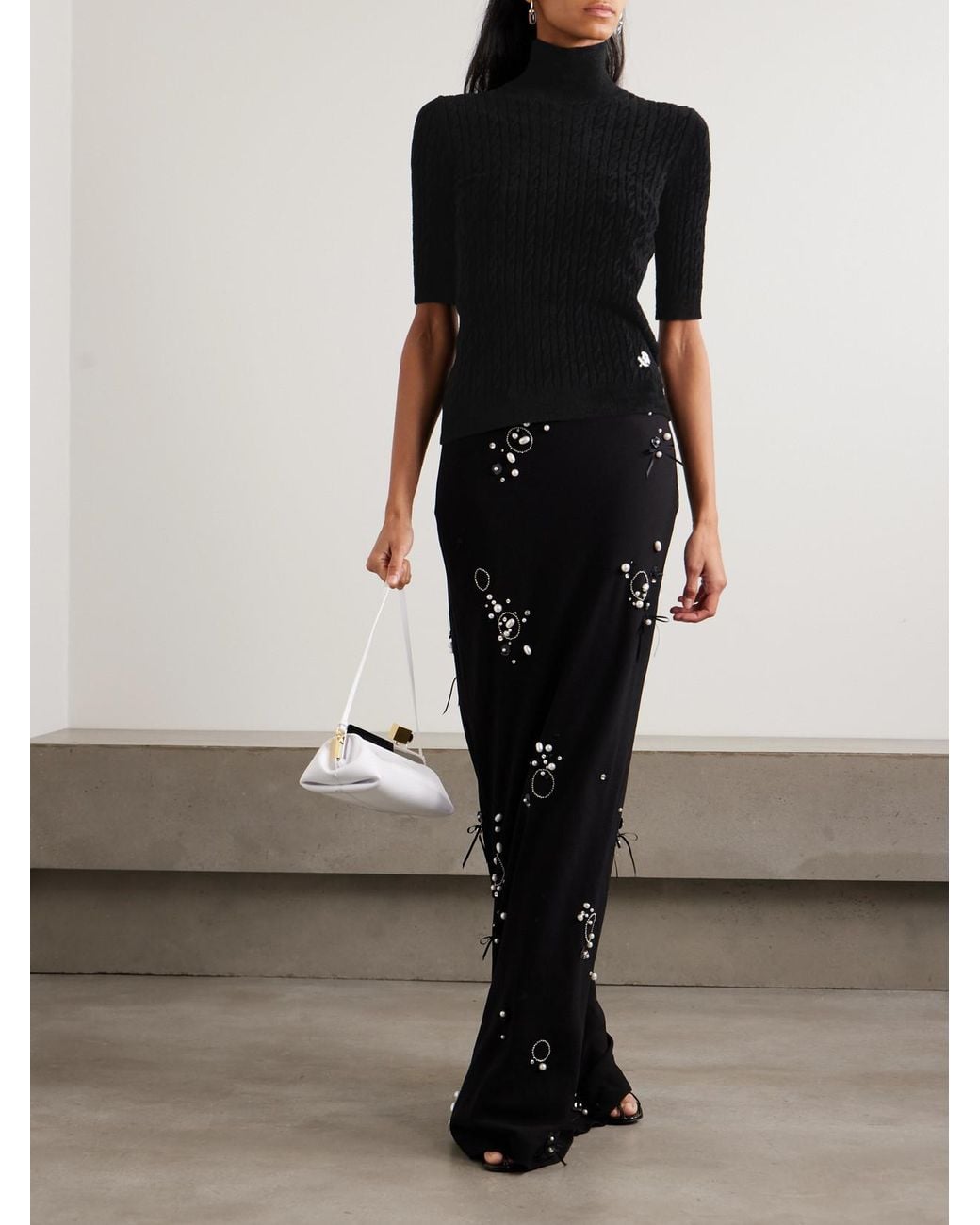 BERNADETTE Black Noa Embroidered Cable-Knit Chenille Turtleneck Sweater