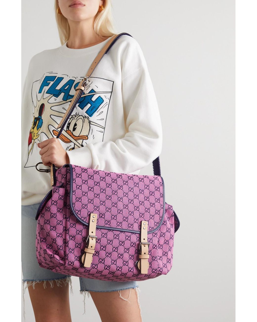 Gucci Leather-trimmed Printed Canvas Diaper Bag in Pink | Lyst