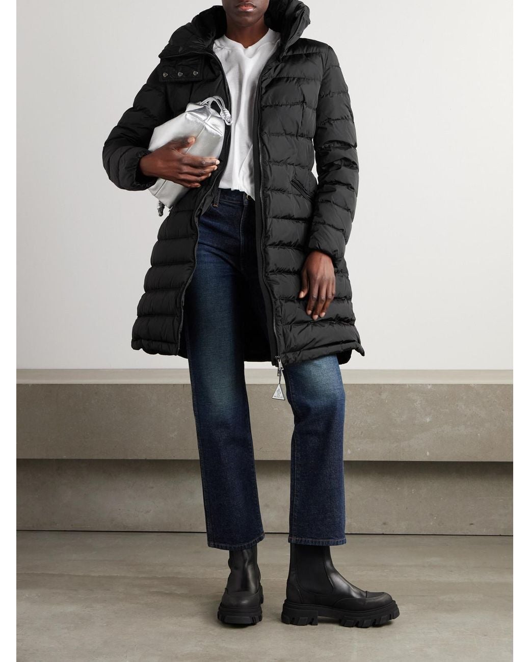 Moncler Black Flammette Hooded Quilted Shell Coat