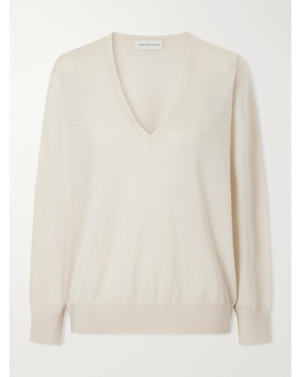 Dries Van Noten White Ribbed Merino Wool Sweater