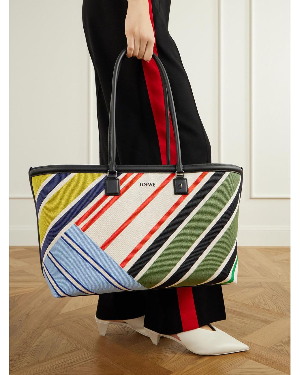 Loewe Blue Verano Logo-Embroidered Striped Leather-Trimmed Canvas Tote