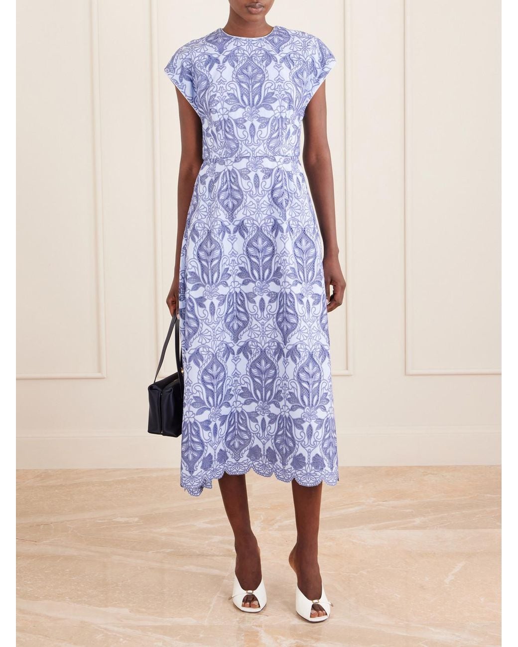 Rebecca Vallance Blue Blooming Lanterns Scalloped Embroidered Cotton Midi Dress