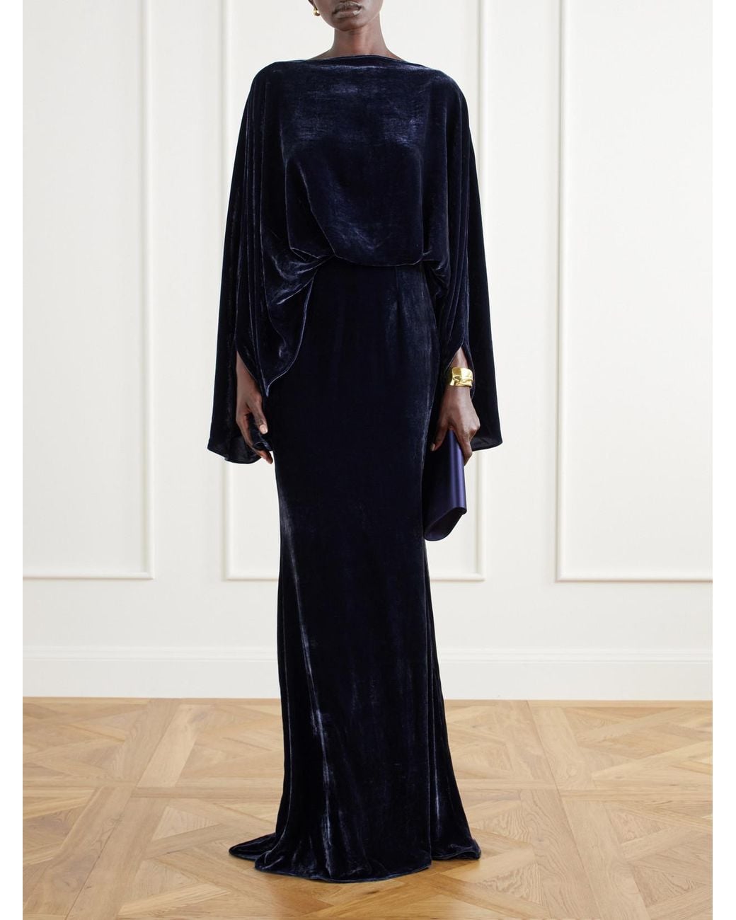 Taller Marmo Blue Musidora Cape-Effect Draped Velvet Gown
