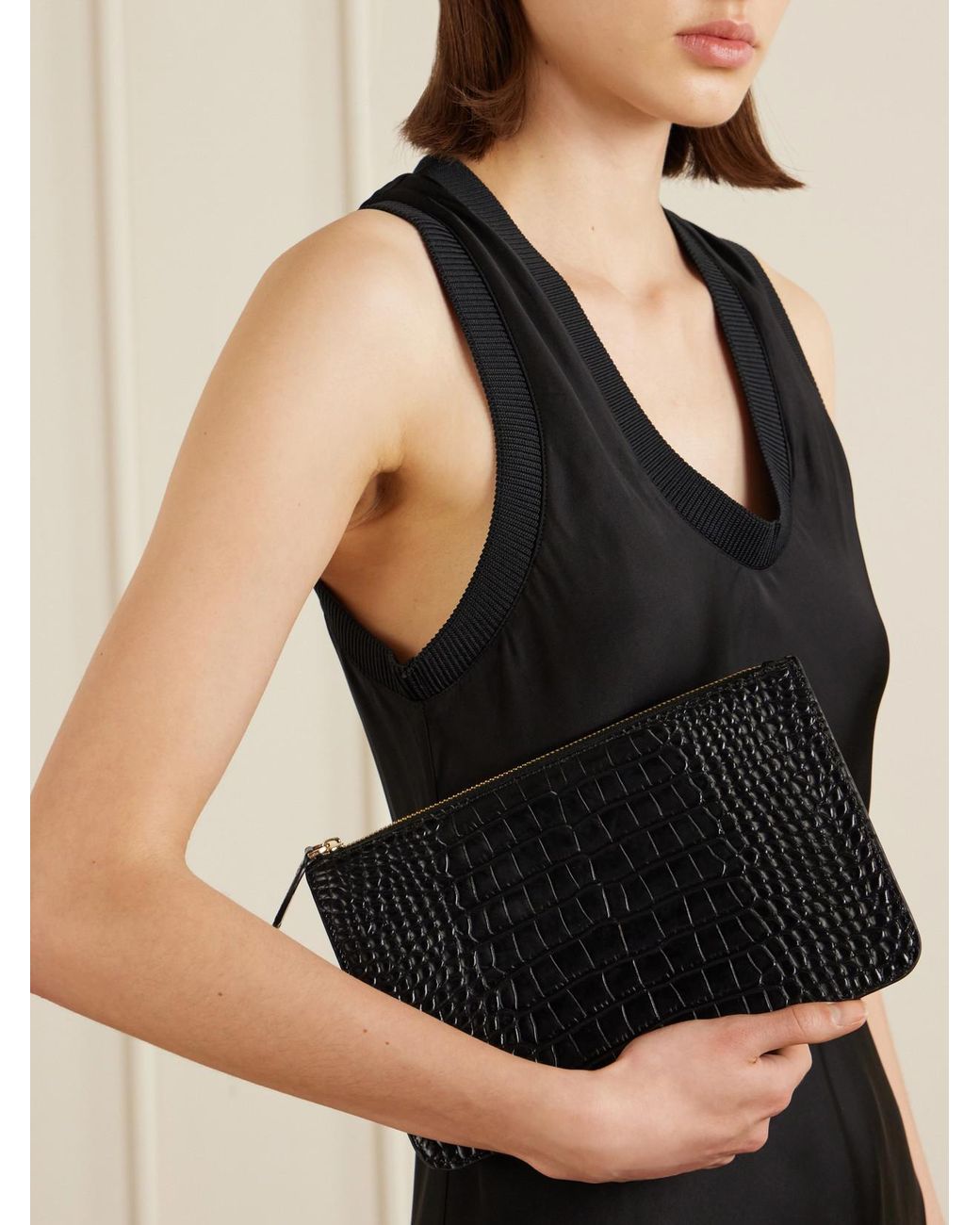 Totême Black Threefold Croc-Effect Leather Clutch