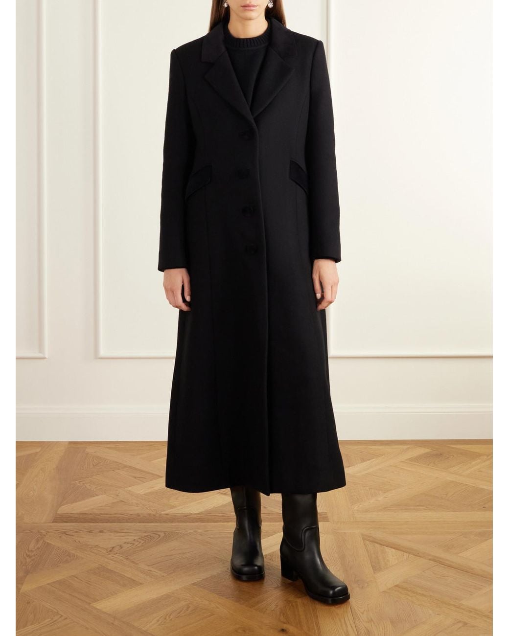D'Estree Black Maria Velvet-Trimmed Wool-Felt Coat