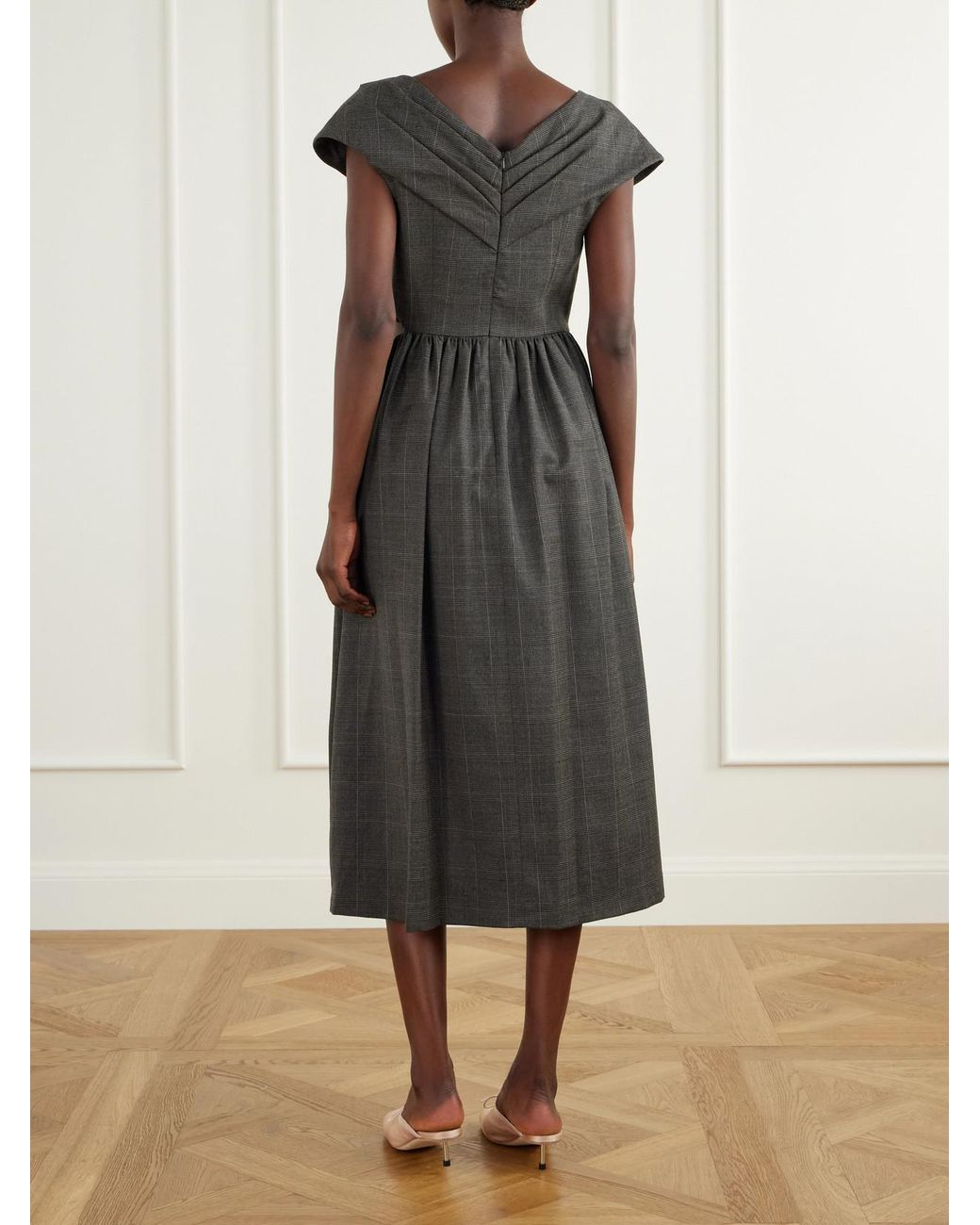 Simone Rocha Black Embellished Gathered Prince Of Wales Checked Wool-Blend Midi Dress