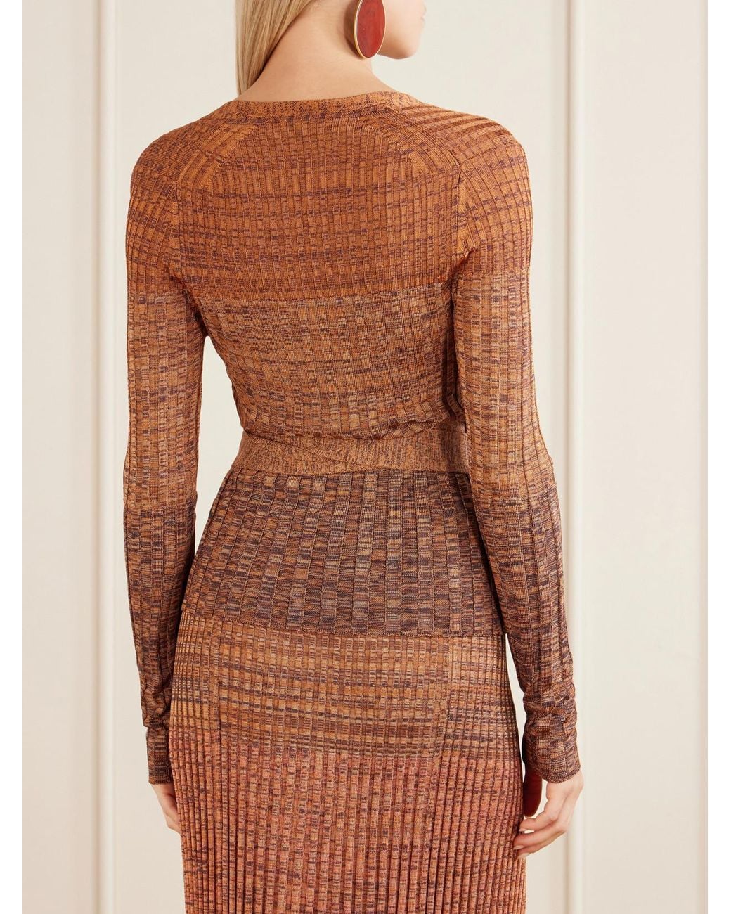 Zimmermann Brown Mouline Belted Ribbed-Knit Wrap Top