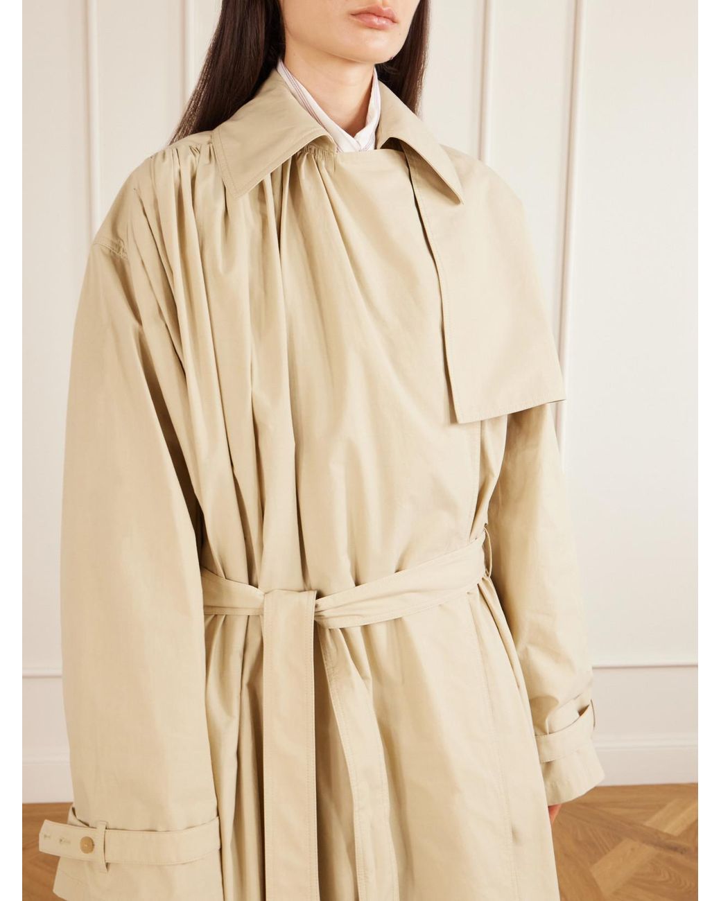 Calvin Klein Natural Mireille Ruched Cotton-Gabardine Trench Coat