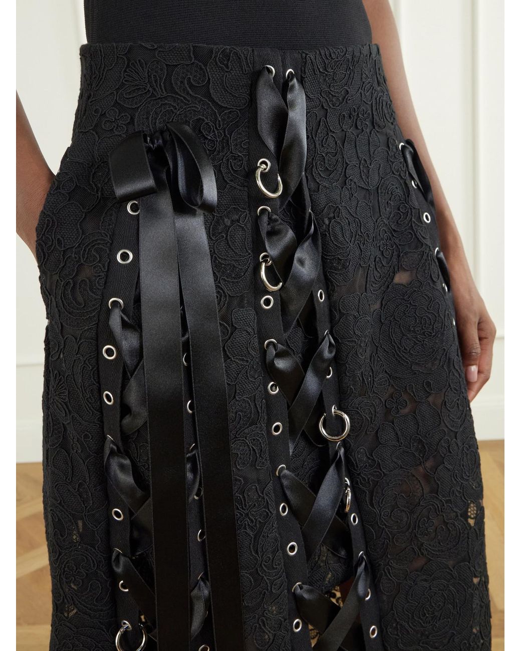 Simone Rocha Black Unraveling Ribbon Ring Asymmetric Embellished Lace And Satin Midi Skirt