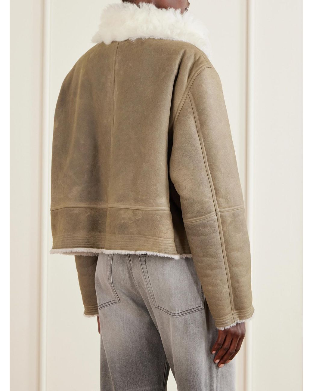 Rick Owens Natural Belted Shearling-Trimmed Suede Jacket