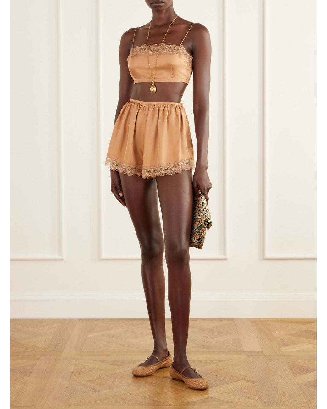 Ulla Johnson Natural Leiko Cropped Chantilly Lace-Trimmed Silk-Twill Top