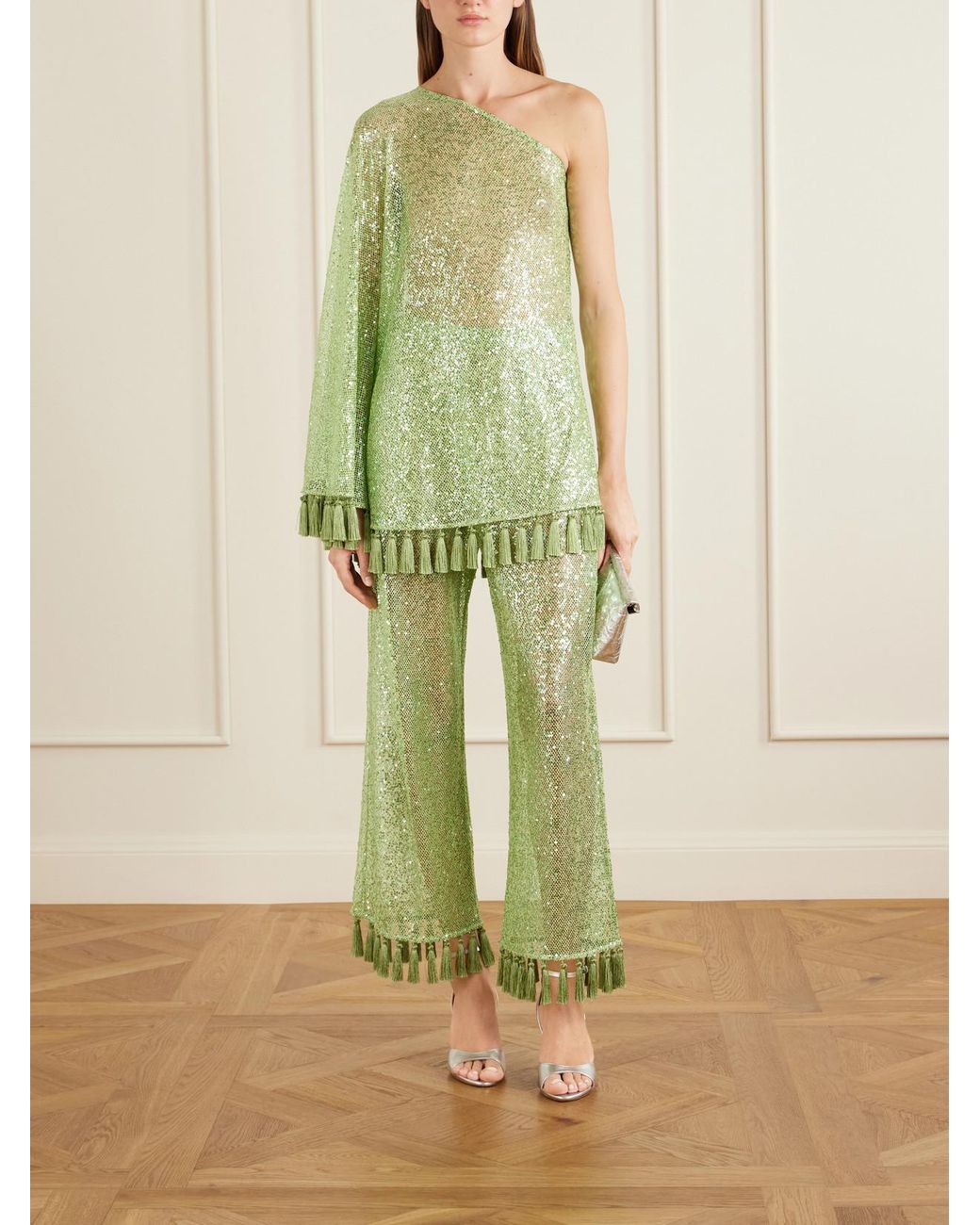 Taller Marmo Green Sequined Fringed Flared Pants