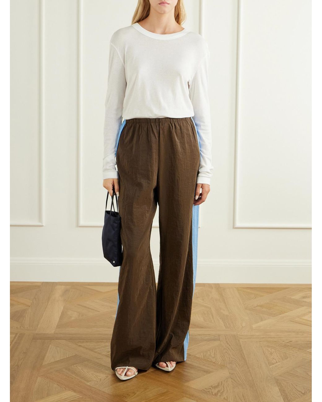 La Ligne Brown Colby Striped Recycled Crinkled-Shell Wide-Leg Pants