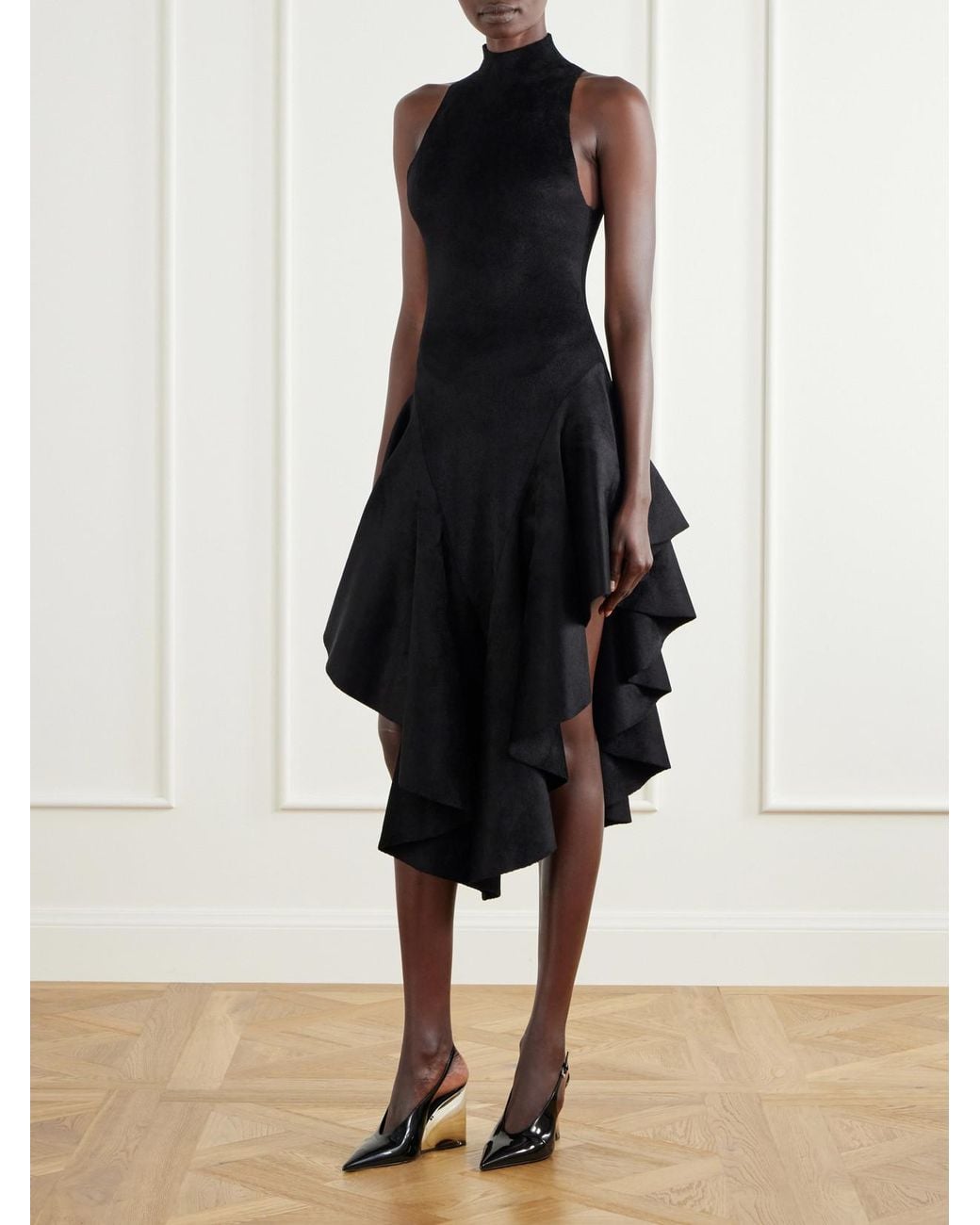 Alaïa Black Asymmetric Ruffled Velvet Turtleneck Midi Dress