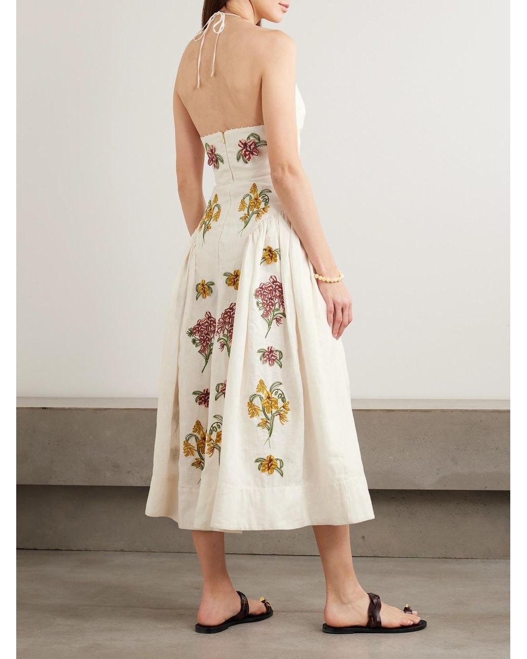 Agua Bendita Balsa Faux Pearl-Embellished Embroidered Linen Halterneck Midi  Dress in White | Lyst