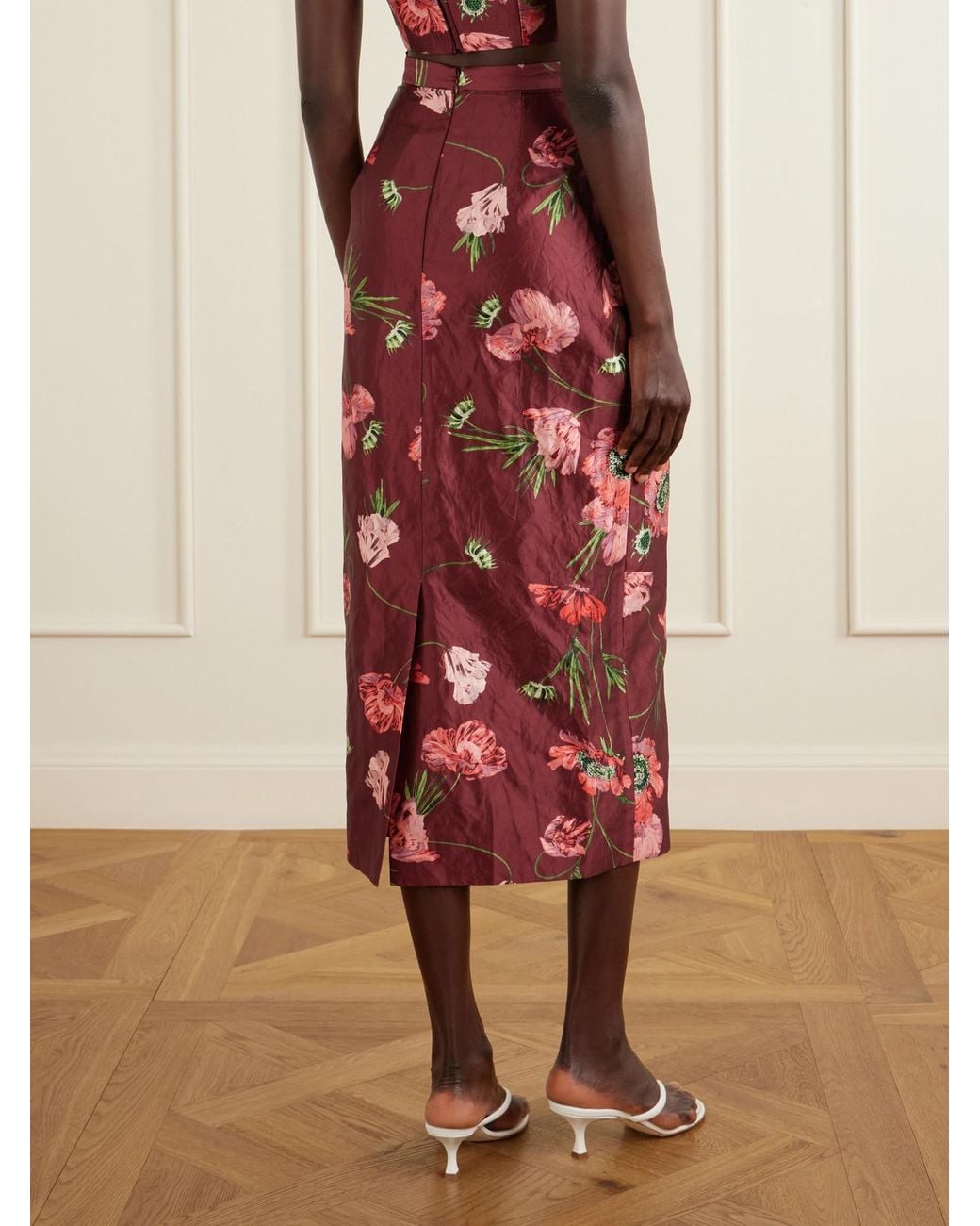 Erdem Red Floral-Printed Satin Midi Skirt
