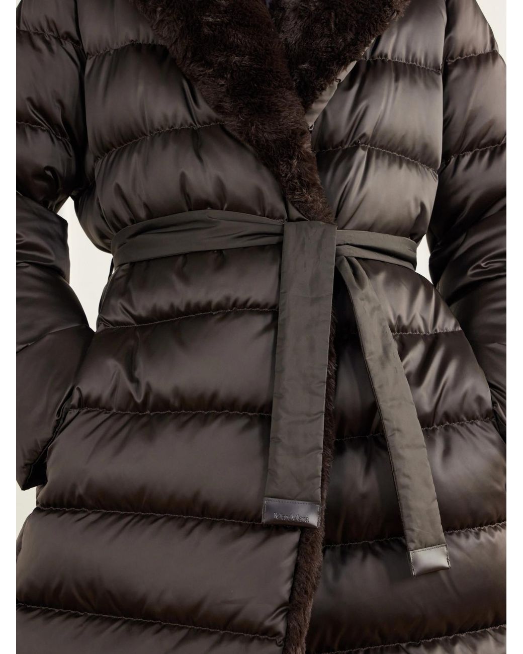Max Mara Gray Medusa Hooded Belted Quilted Plush-Trimmed Shell Down Coat
