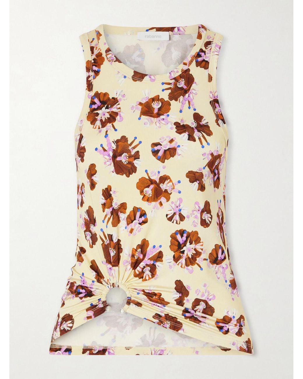 Rabanne Yellow Gathered Floral-Print Jersey Top
