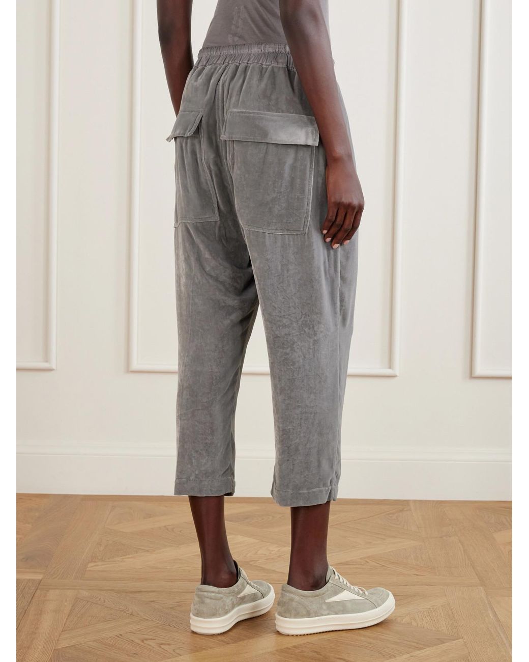 Rick Owens Gray Astaires Cropped Velvet Mid-Rise Tapered Pants