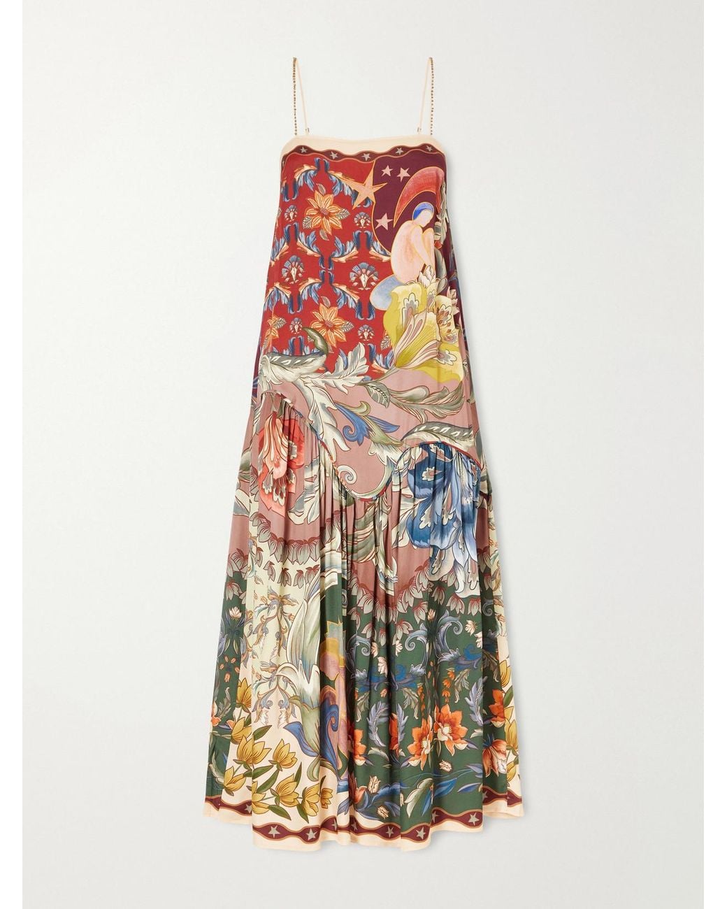 Farm Rio White Lunar Boho Bead-Embellished Gathered Printed Satin Midi Dress