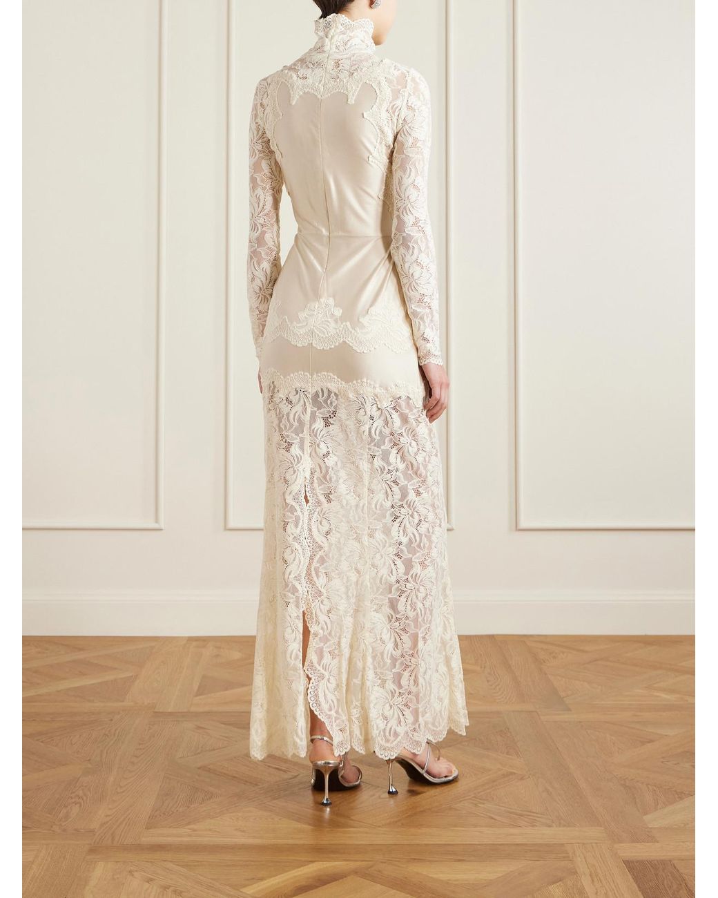 Rabanne Natural Lace-Trimmed Silk-Satin Maxi Dress