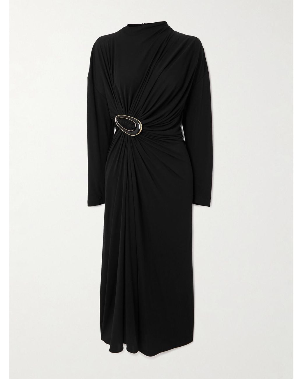 Bottega Veneta Black Embellished Gathered Jersey Midi Dress
