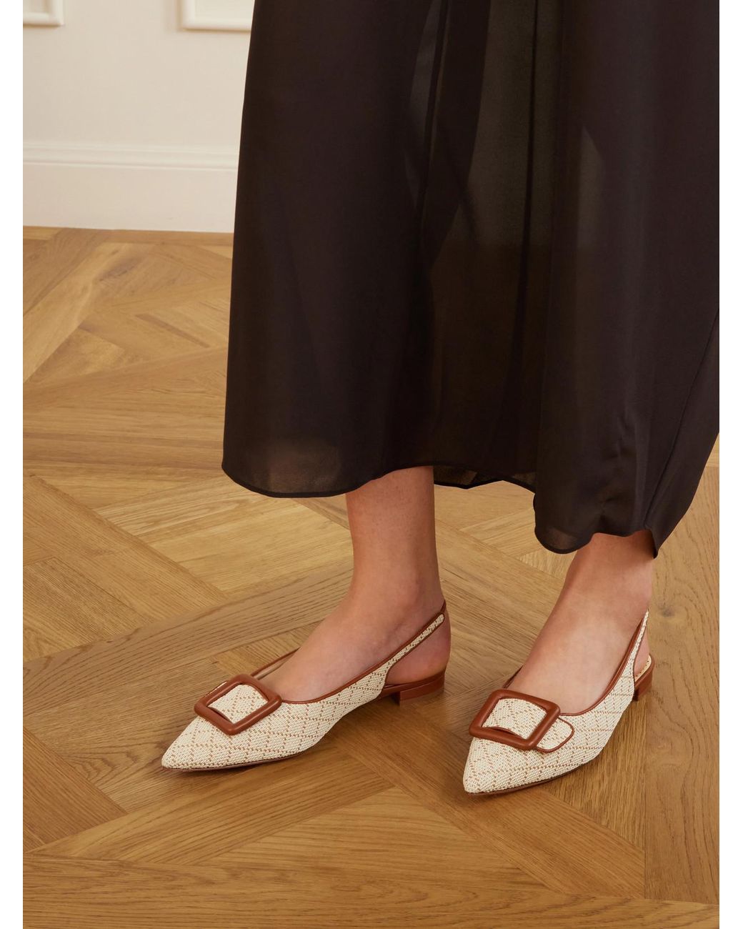 Manolo Blahnik Natural Maylurabi Buckle-Detailed Leather-Trimmed Woven Slingback Pumps