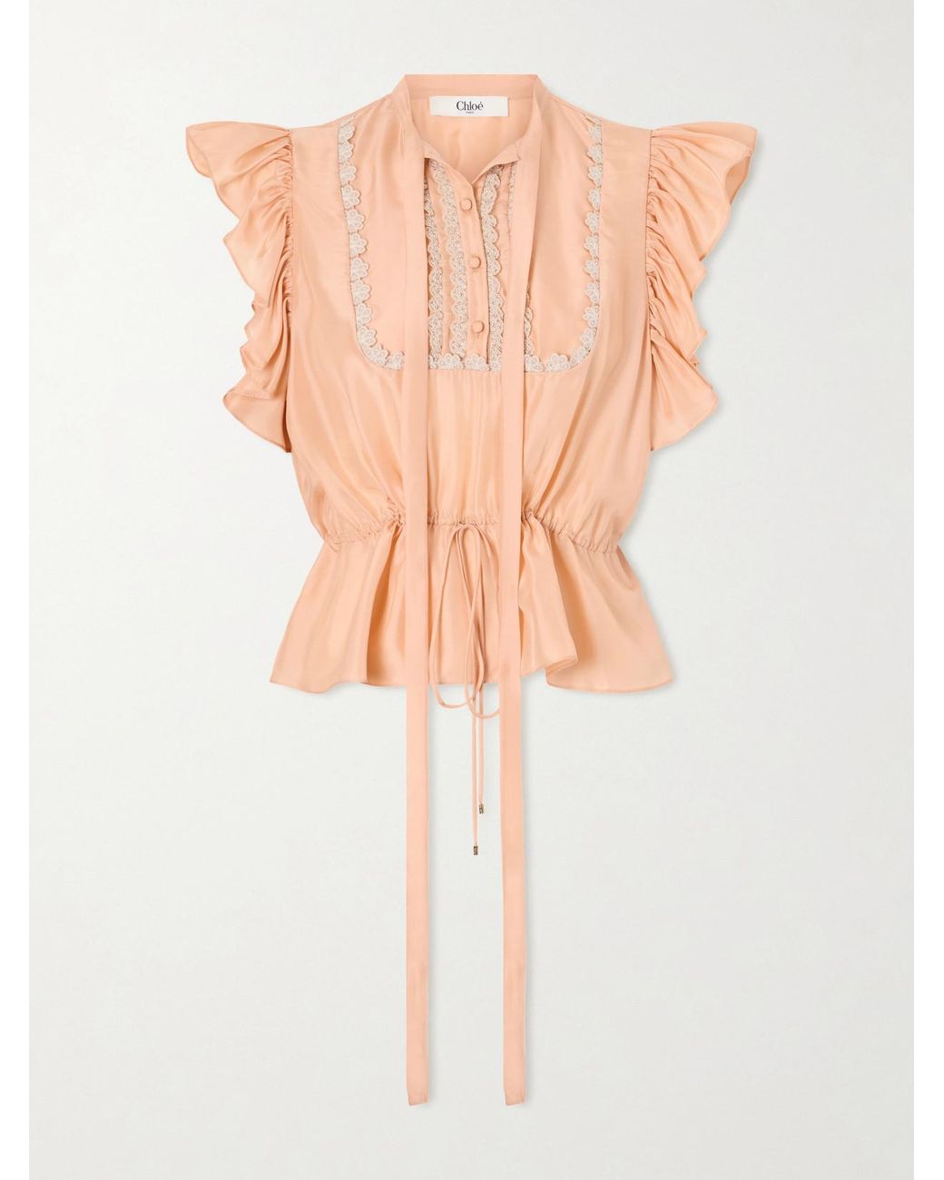 Chloé Pink Ruffled Lace-Trimmed Silk-Habotai Blouse