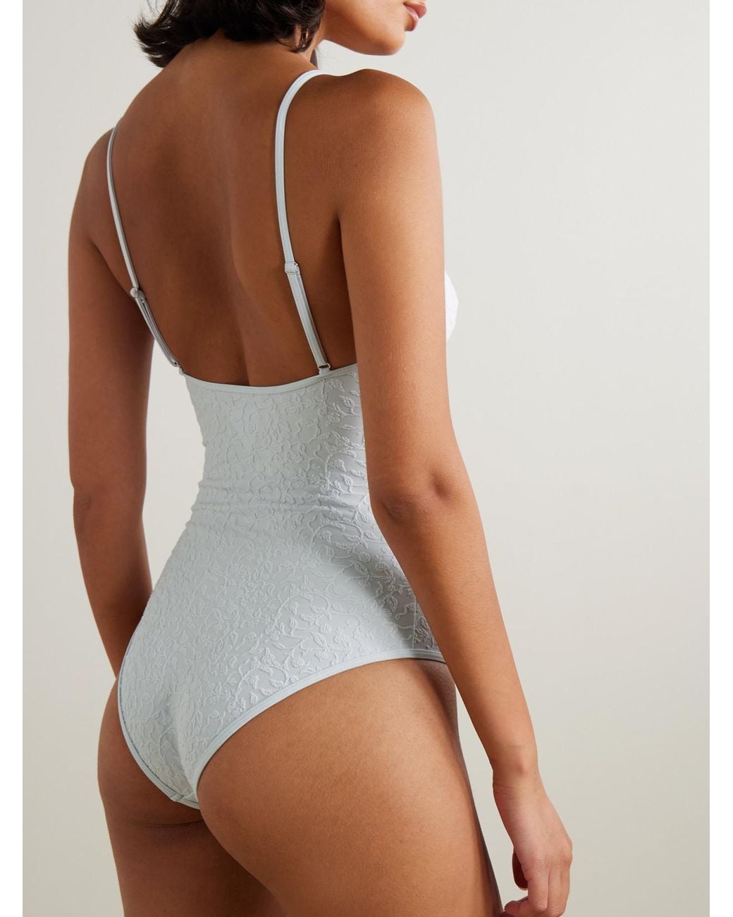 Bottega Veneta Blue Button-Detailed Floral Cloqué Swimsuit